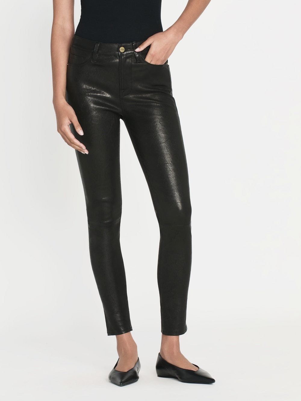 New FRAME Le Skinny De Jeanne Leather Black Skinny Jeans